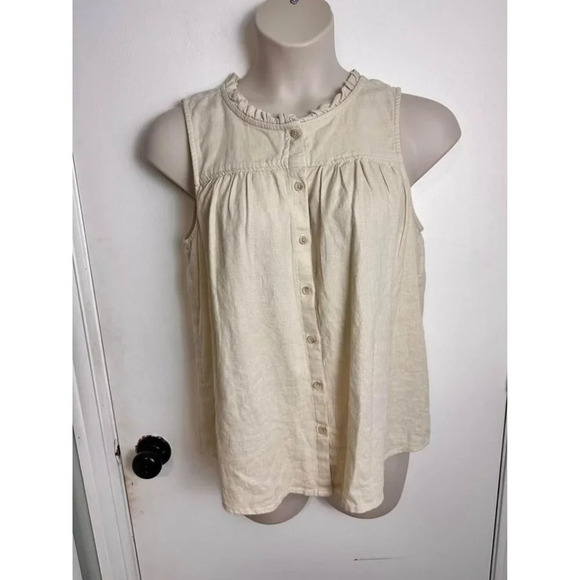Sonoma PARADISE SAND BEIGE LINEN RUFFLE BUTTON FRONT TANK TOP size large #0817 - Picture 1 of 5